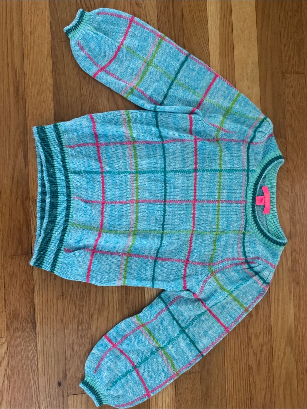 Lilly Pulitzer Aqua Plaid Crewneck Sweater with Pink and Green Accents